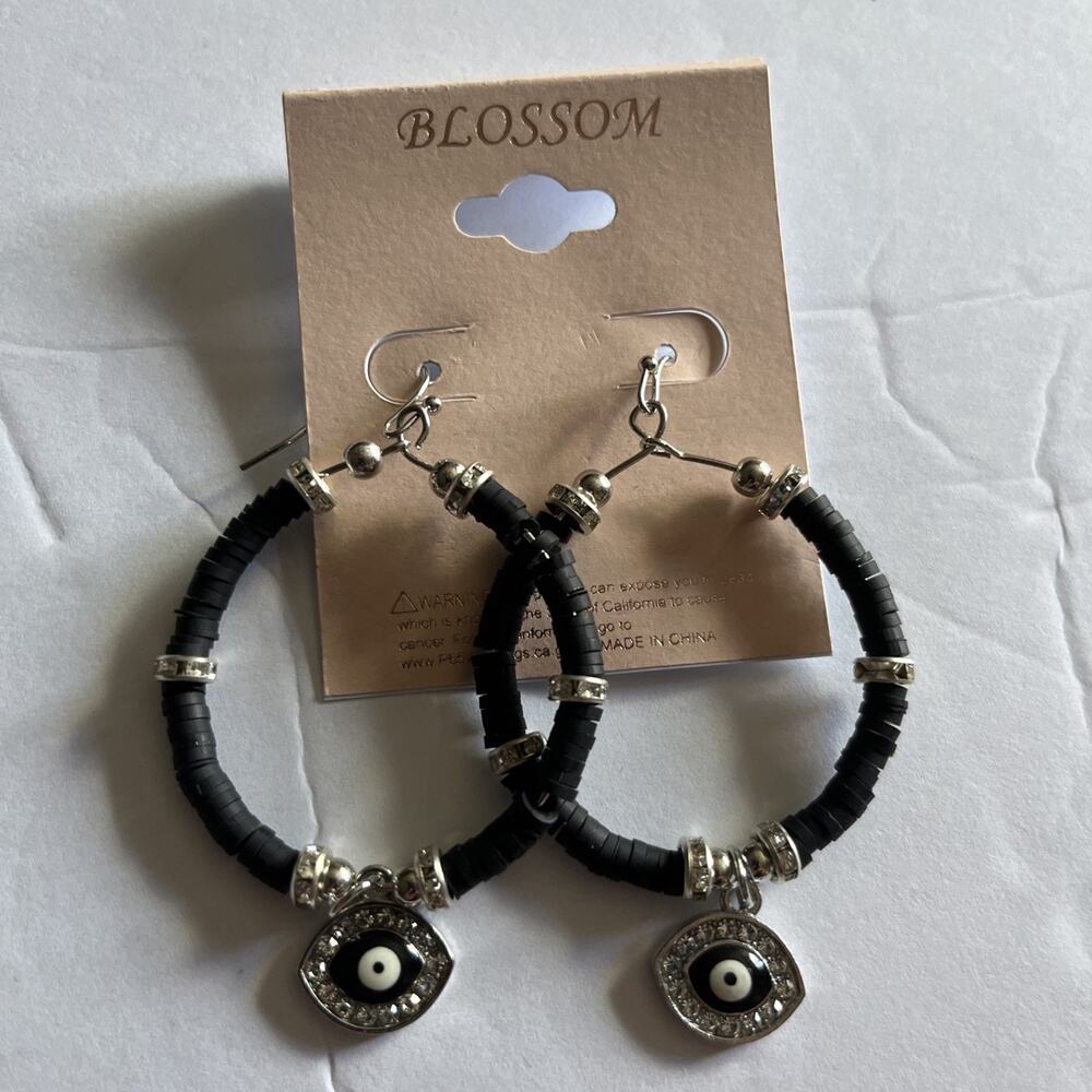 Blossom Black Hoop Dangle Earrings Evil Eye Charm Rhinestone Boho Bohemian New